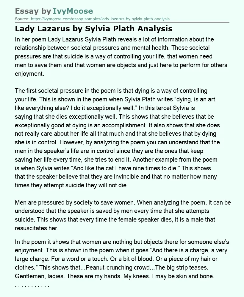 Lady Lazarus by Sylvia Plath Analysis