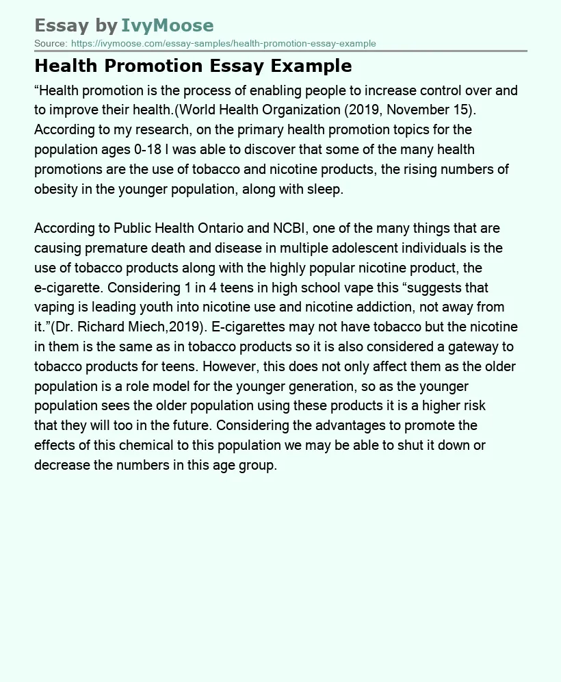 Health Promotion Essay Example