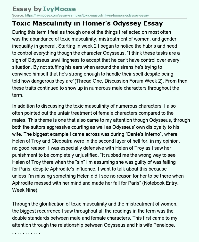 Toxic Masculinity in Homer's Odyssey Essay