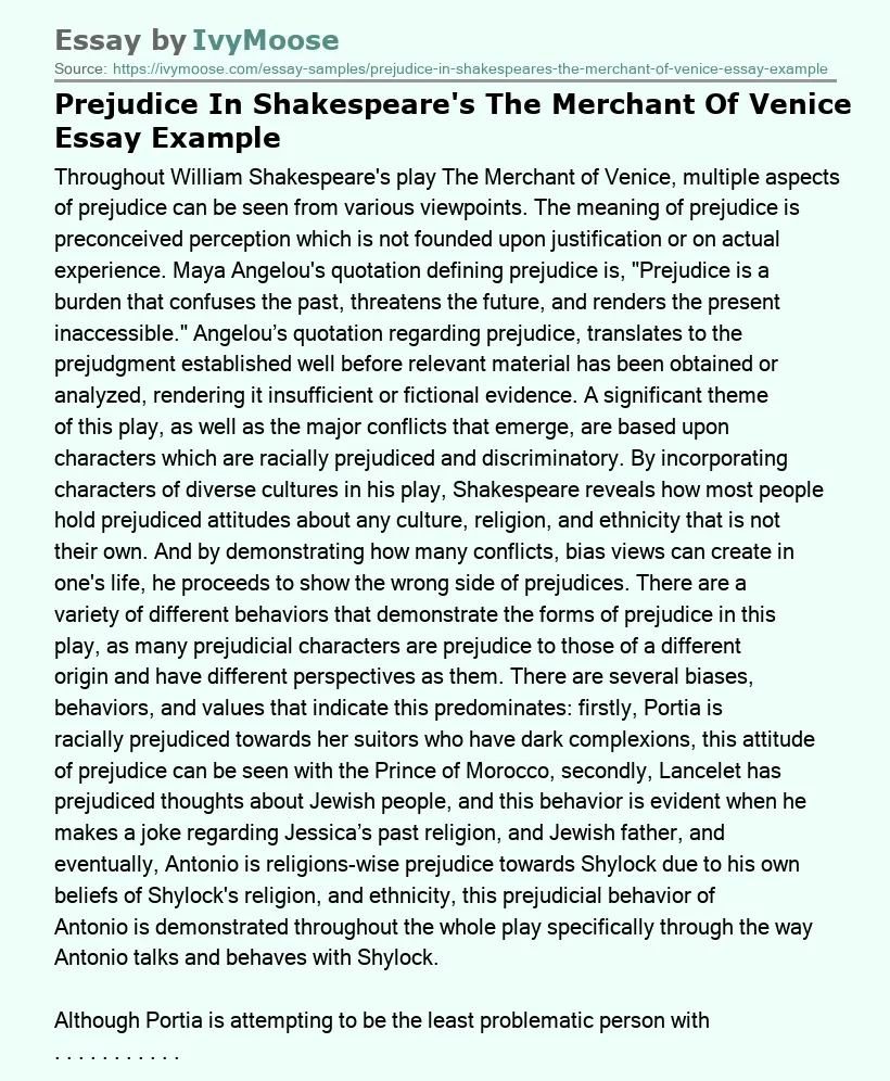 Prejudice In Shakespeare's The Merchant Of Venice Essay Example