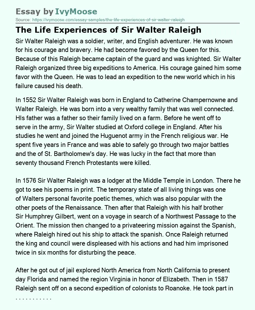 The Life Experiences of Sir Walter Raleigh