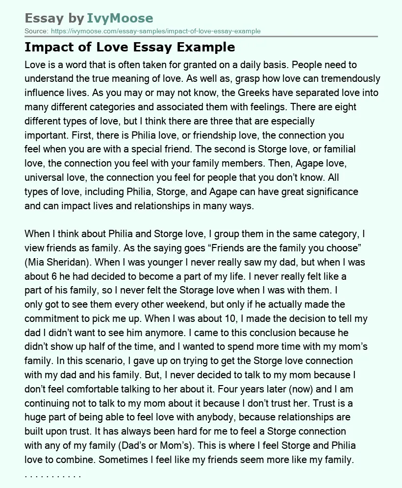 Impact of Love Essay Example