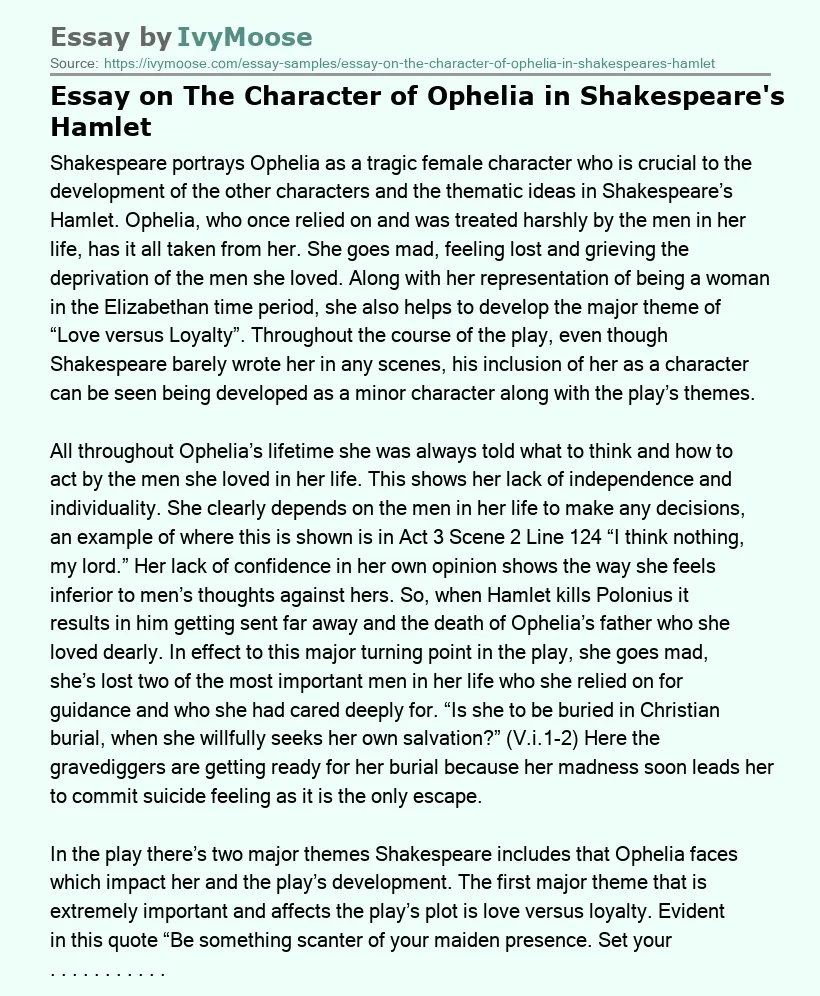 Essay on The Character of Ophelia in Shakespeare's Hamlet