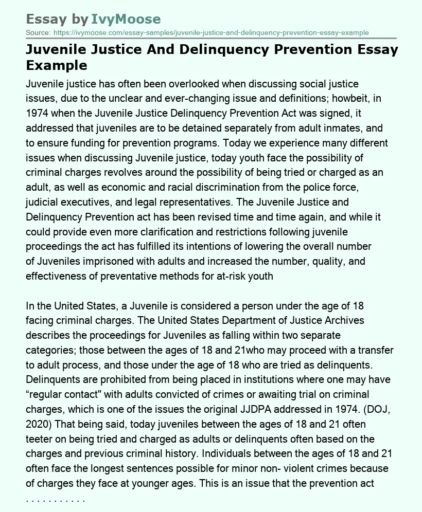 Juvenile Justice And Delinquency Prevention Essay Example