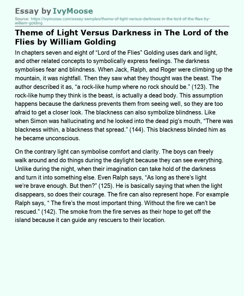Theme of Light Versus Darkness in The Lord of the Flies by William Golding