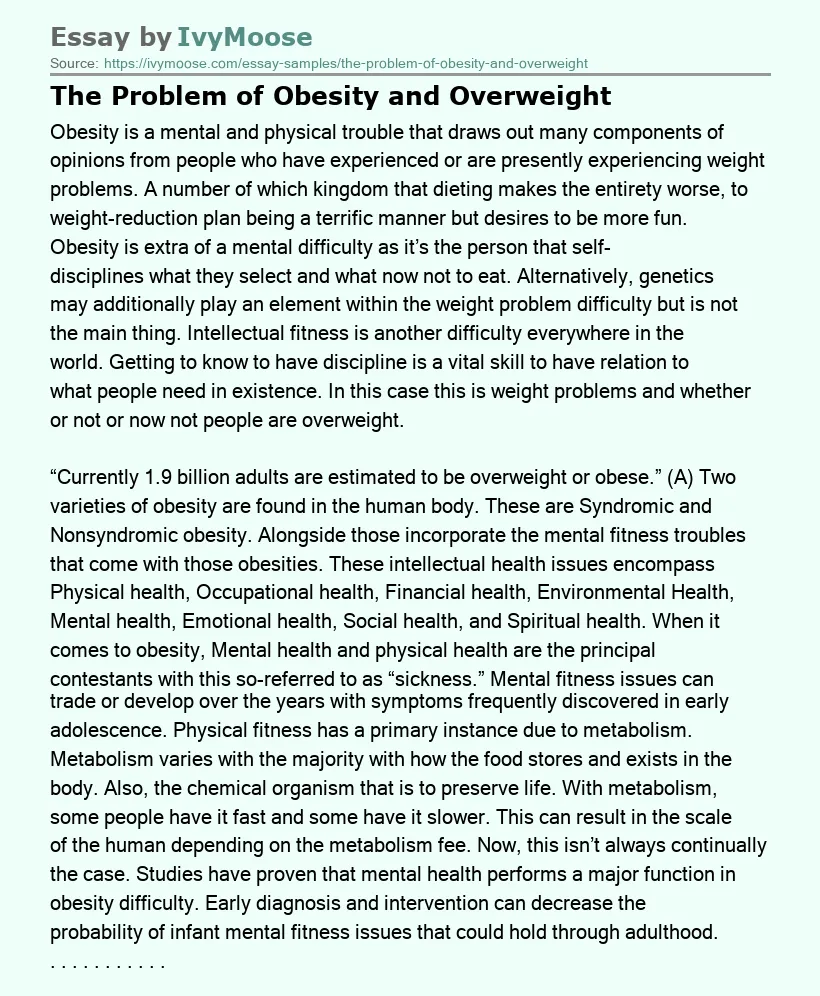 The Problem of Obesity and Overweight