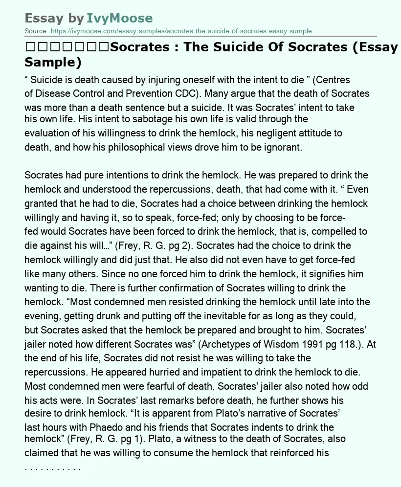 ​​​​​​​Socrates : The Suicide Of Socrates (Essay Sample)