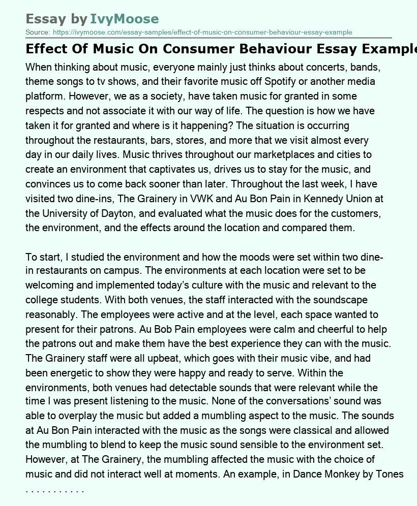 Effect Of Music On Consumer Behaviour Essay Example