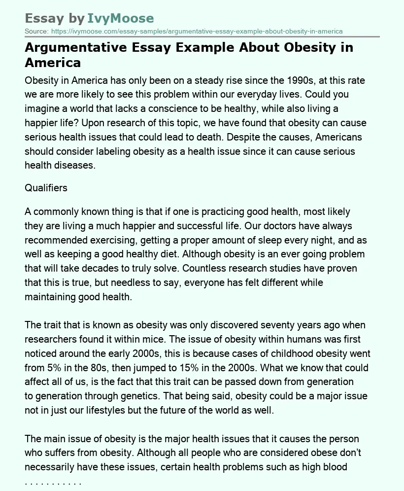 Argumentative Essay Example About Obesity in America
