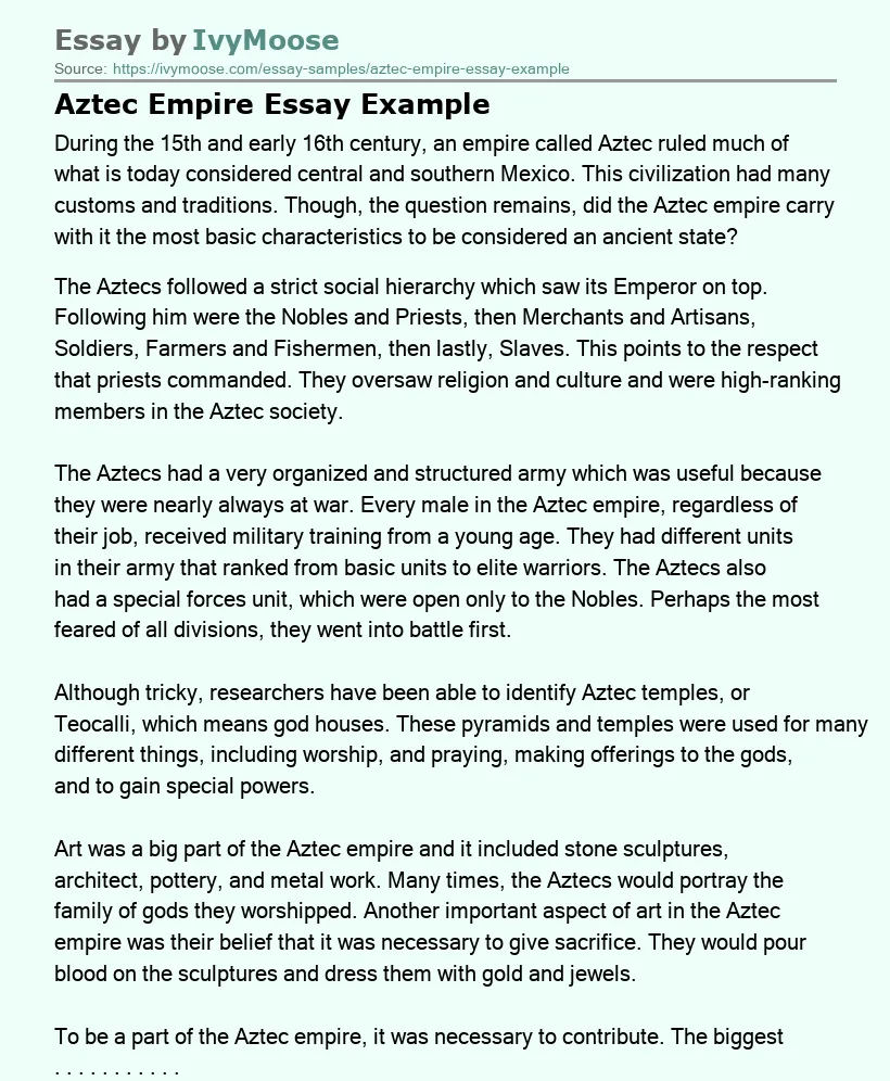 Aztec Empire Essay Example
