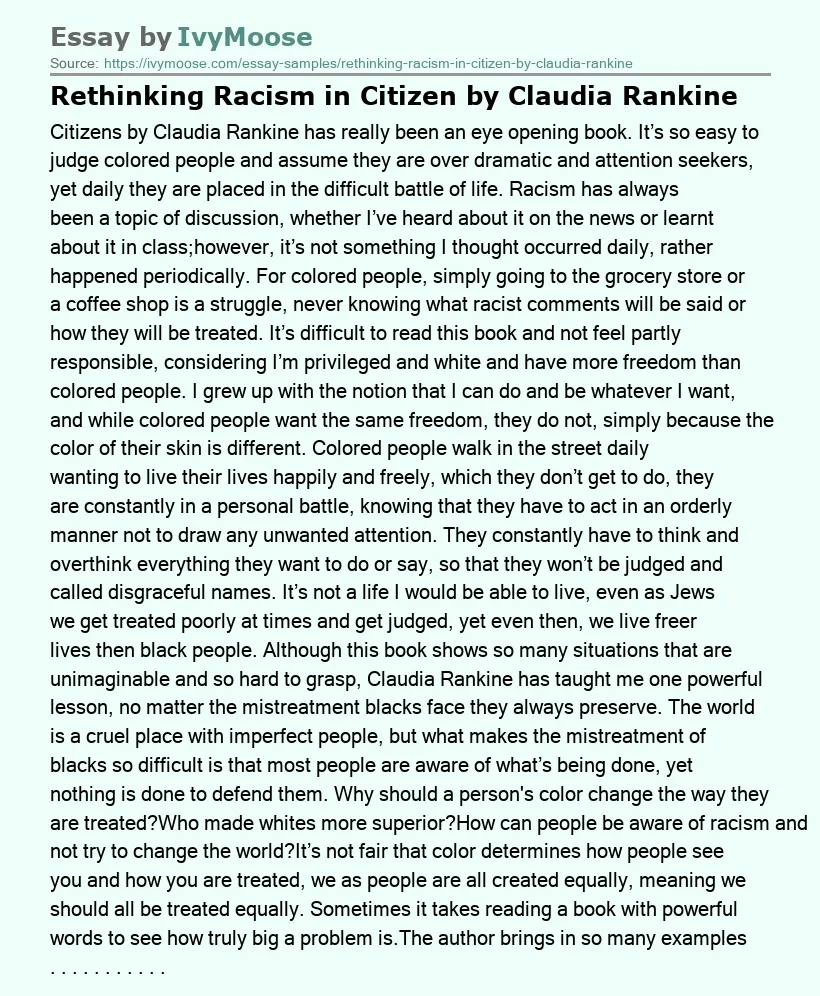 Rethinking Racism in Citizen by Claudia Rankine
