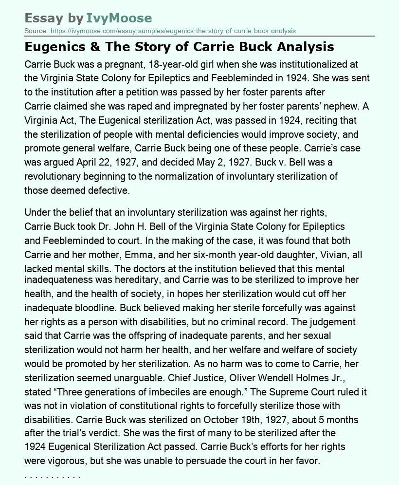 Eugenics & The Story of Carrie Buck Analysis