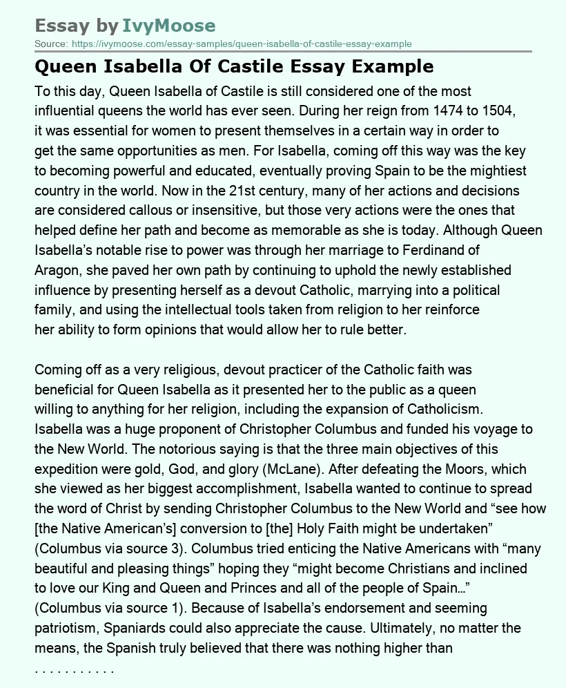 Queen Isabella Of Castile Essay Example