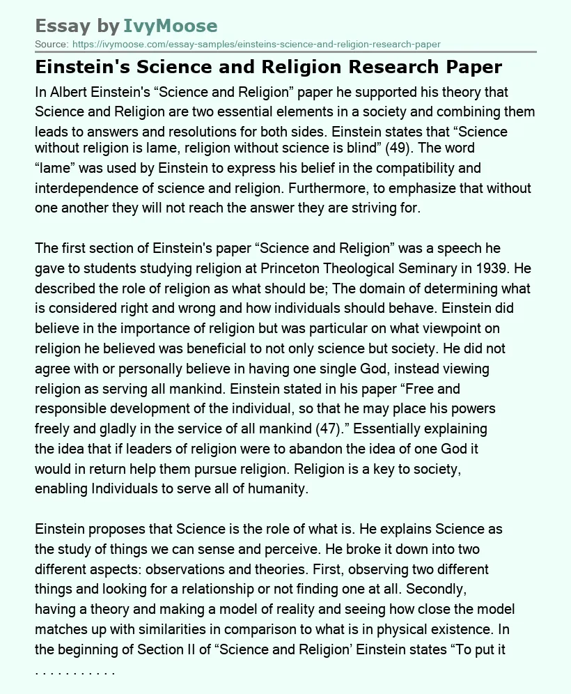 Einstein's Science and Religion Research Paper