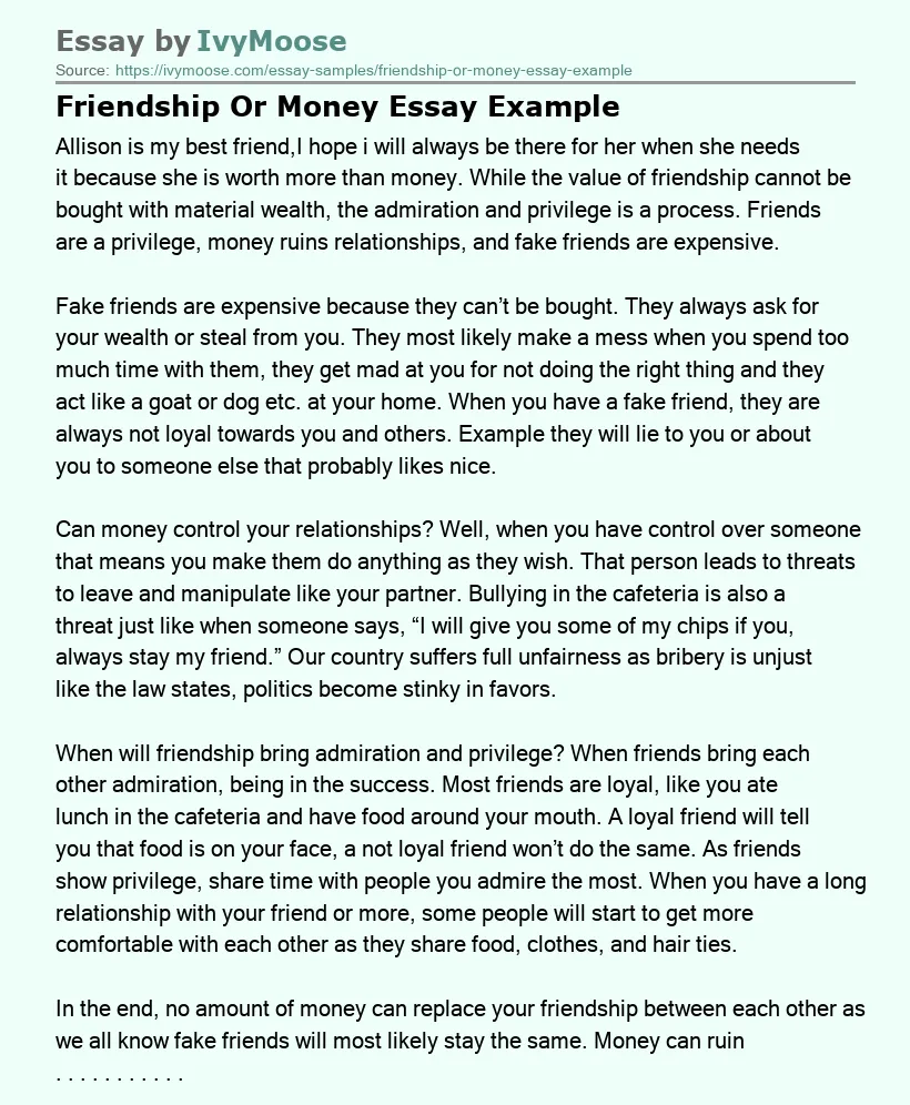 Friendship Or Money Essay Example