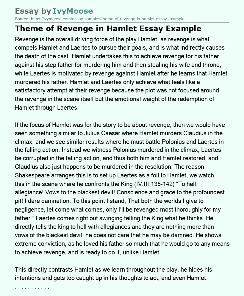 Theme of Revenge in Hamlet Essay Example