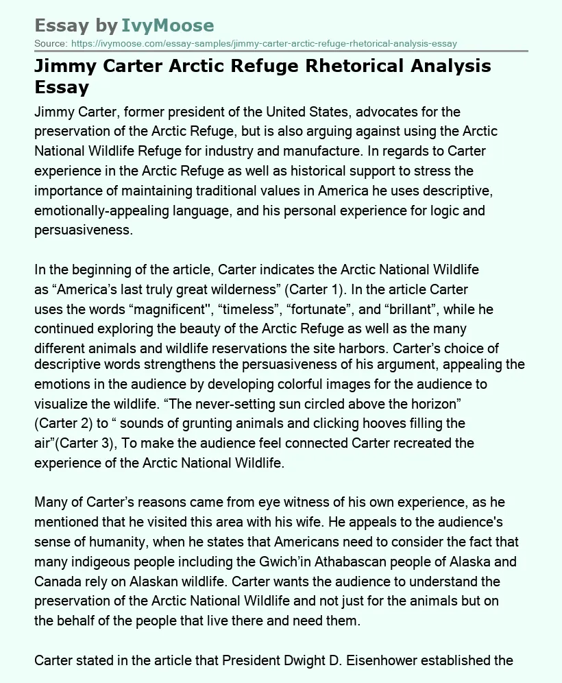 Jimmy Carter Arctic Refuge Rhetorical Analysis Essay