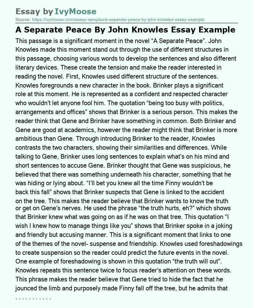 A Separate Peace By John Knowles Essay Example