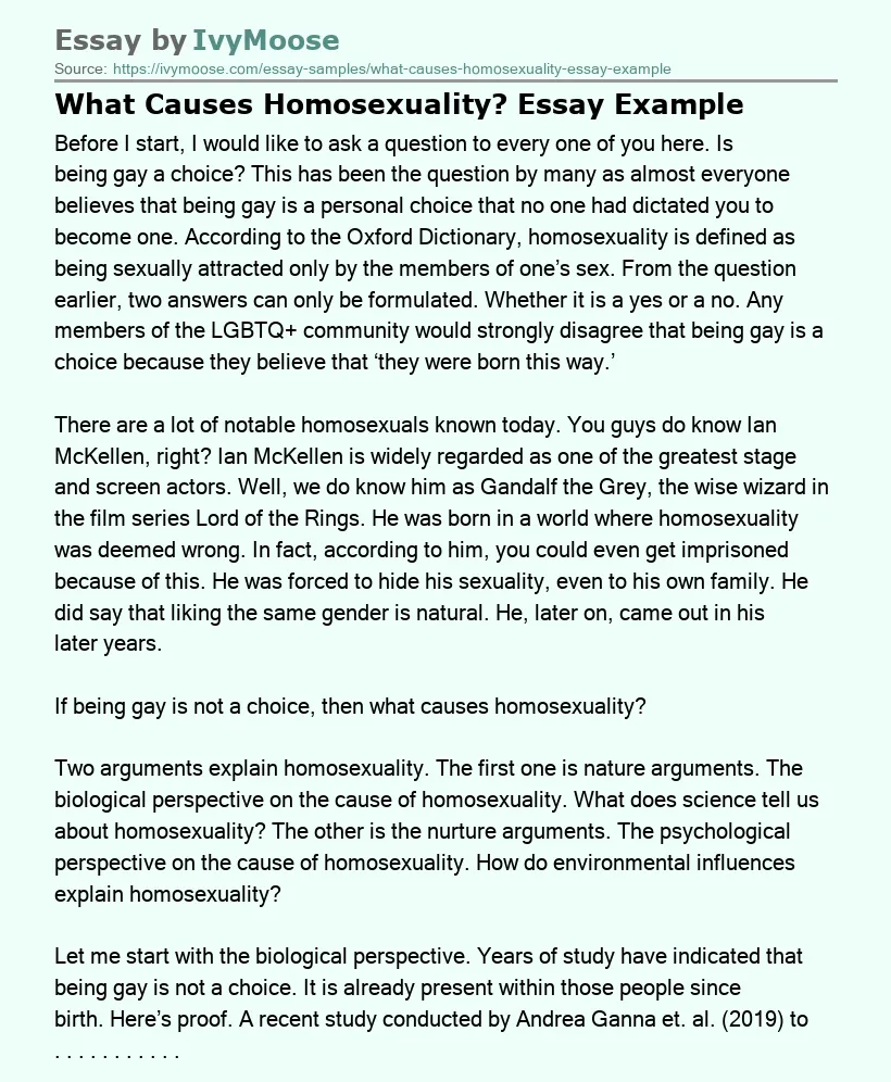 What Causes Homosexuality? Essay Example