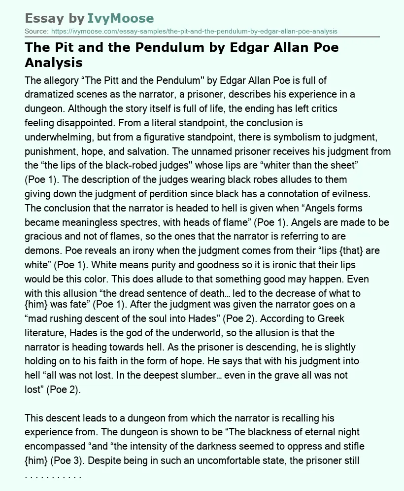 The Pit and the Pendulum by Edgar Allan Poe Analysis