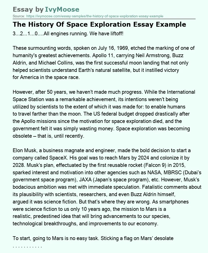 The History Of Space Exploration Essay Example