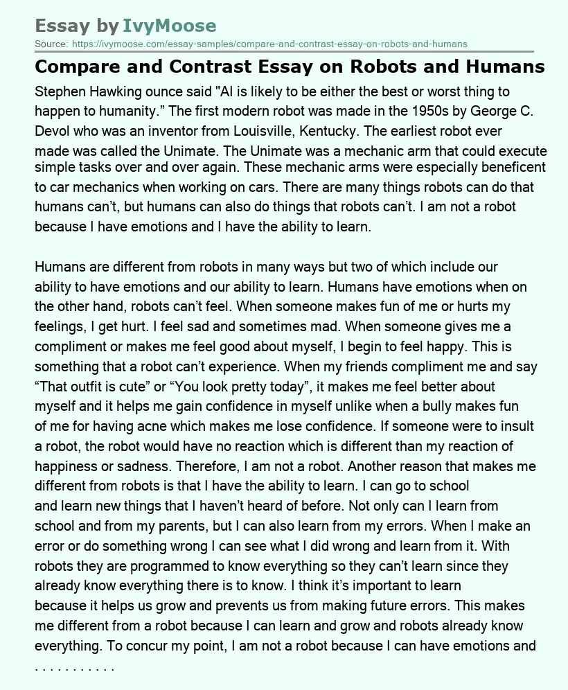Compare and Contrast Essay on Robots and Humans
