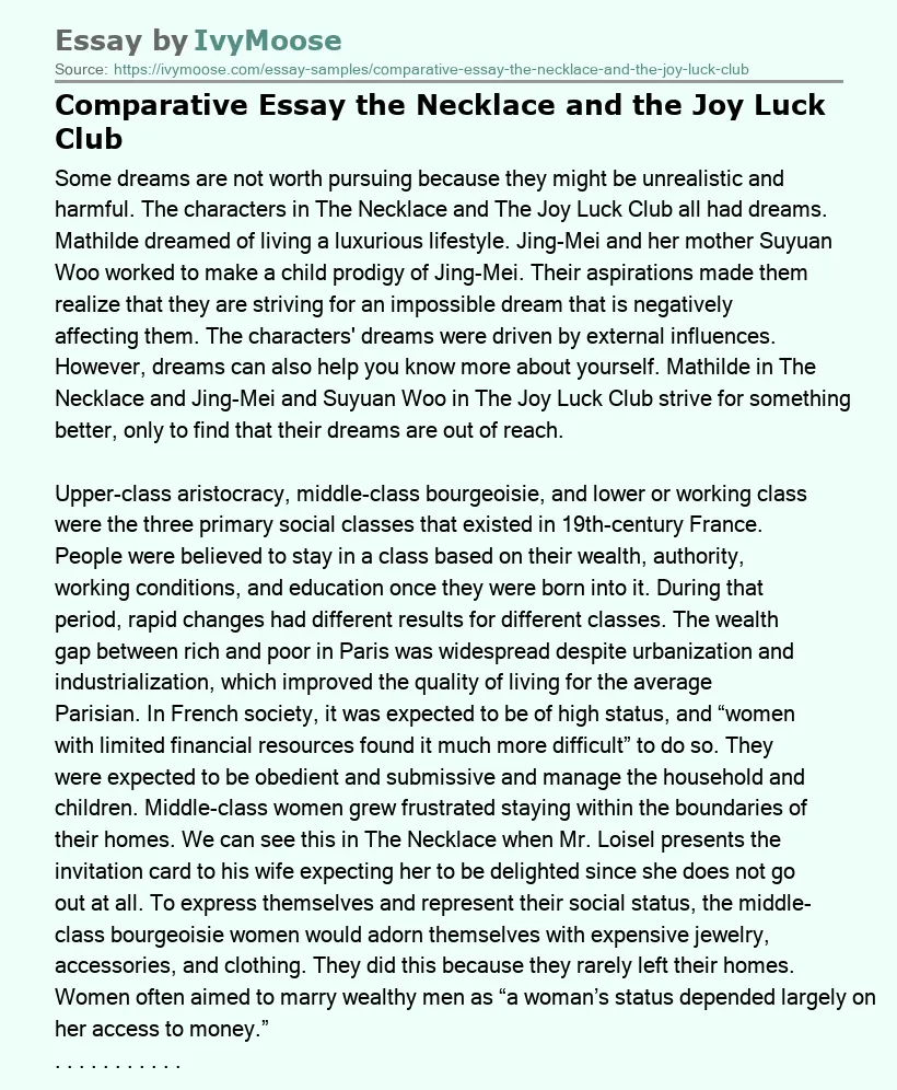Comparative Essay the Necklace and the Joy Luck Club