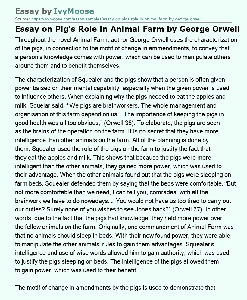 Essay on Pig's Role in Animal Farm by George Orwell