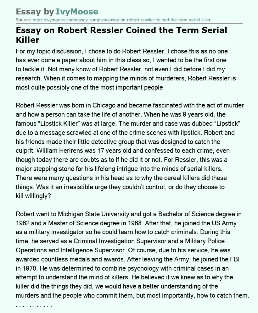 Essay on Robert Ressler Coined the Term Serial Killer