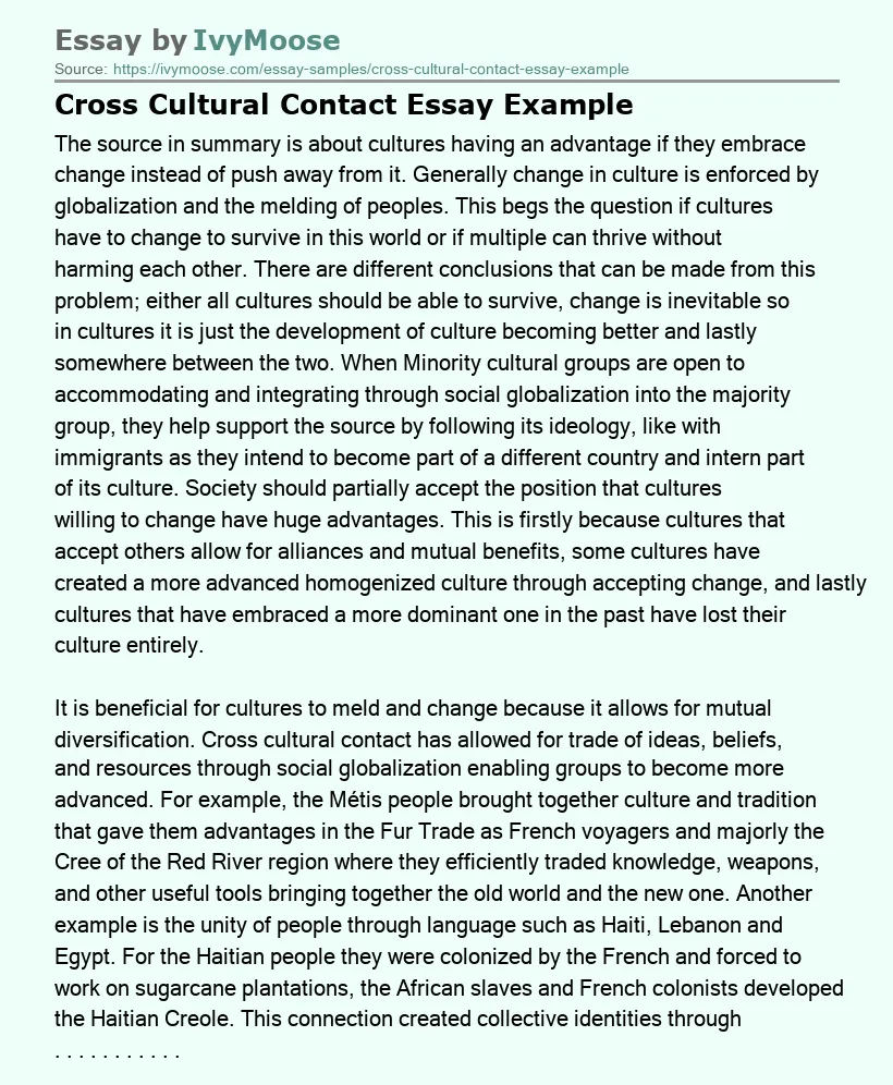 Cross Cultural Contact Essay Example