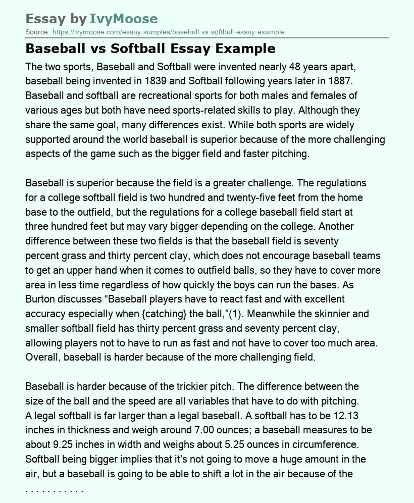 Baseball vs Softball Essay Example