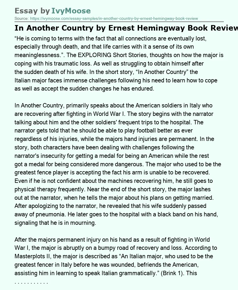 In Another Country by Ernest Hemingway Book Review