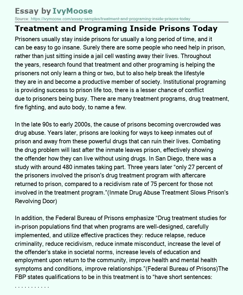 Treatment and Programing Inside Prisons Today