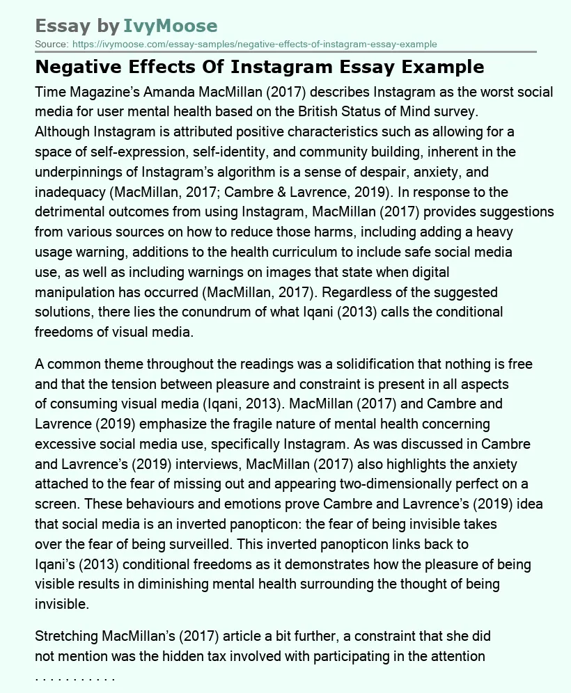 Negative Effects Of Instagram Essay Example