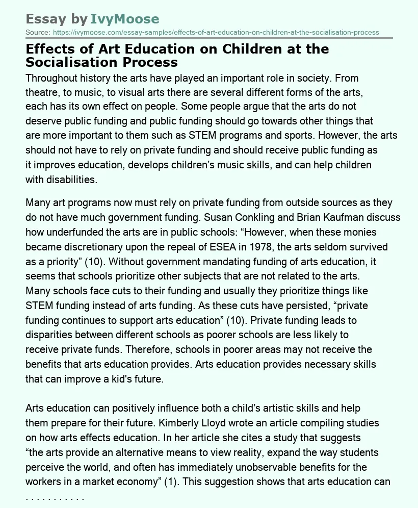 Effects of Art Education on Children at the Socialisation Process