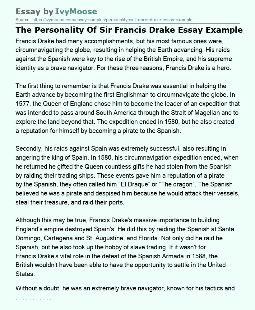 The Personality Of Sir Francis Drake Essay Example
