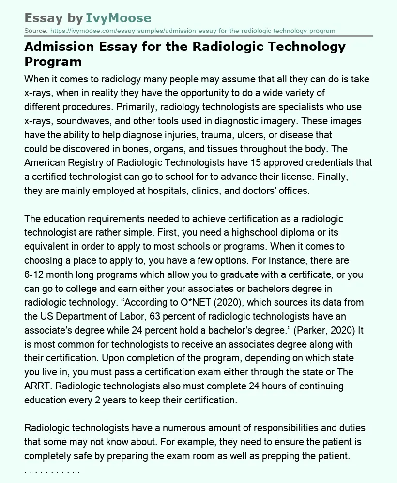 Admission Essay for the Radiologic Technology Program