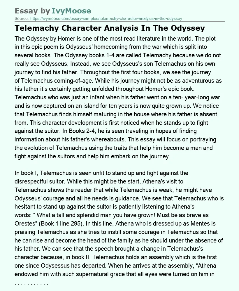 Telemachy Character Analysis In The Odyssey