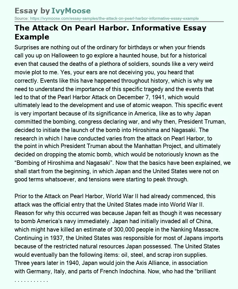The Attack On Pearl Harbor. Informative Essay Example