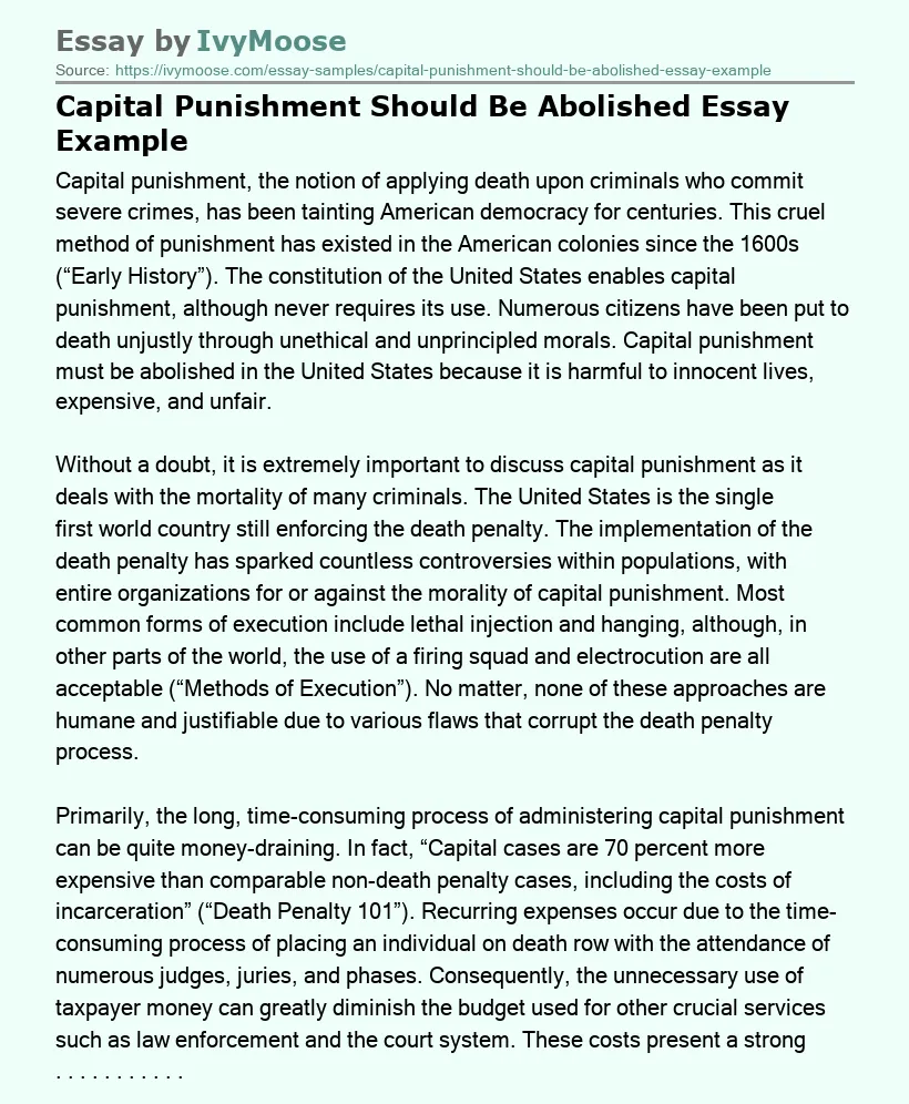 Capital Punishment Should Be Abolished Essay Example