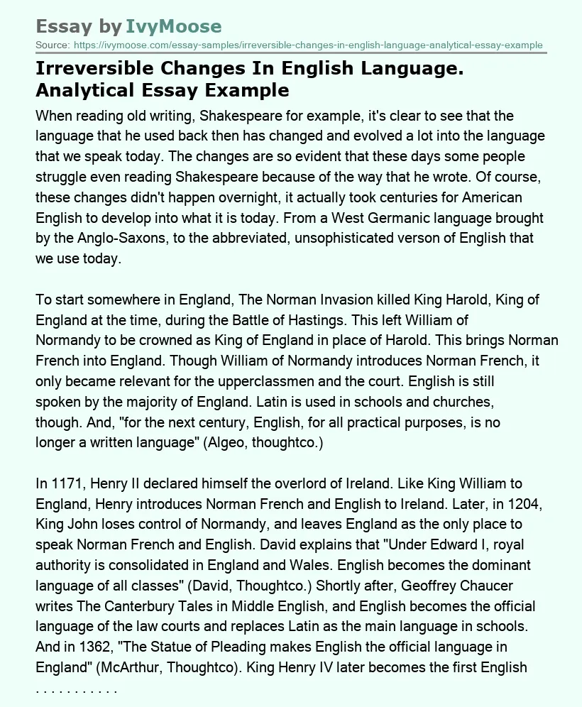 Irreversible Changes In English Language. Analytical Essay Example
