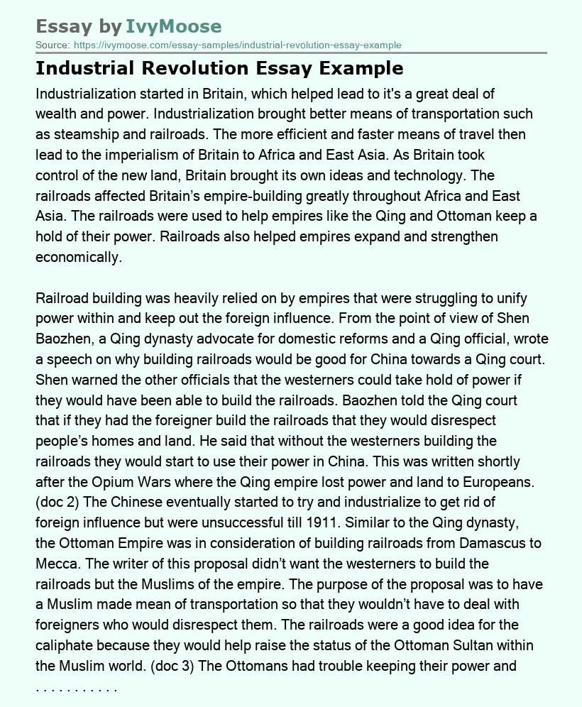 Industrial Revolution Essay Example