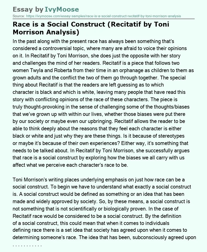 Race is a Social Construct (Recitatif by Toni Morrison Analysis)
