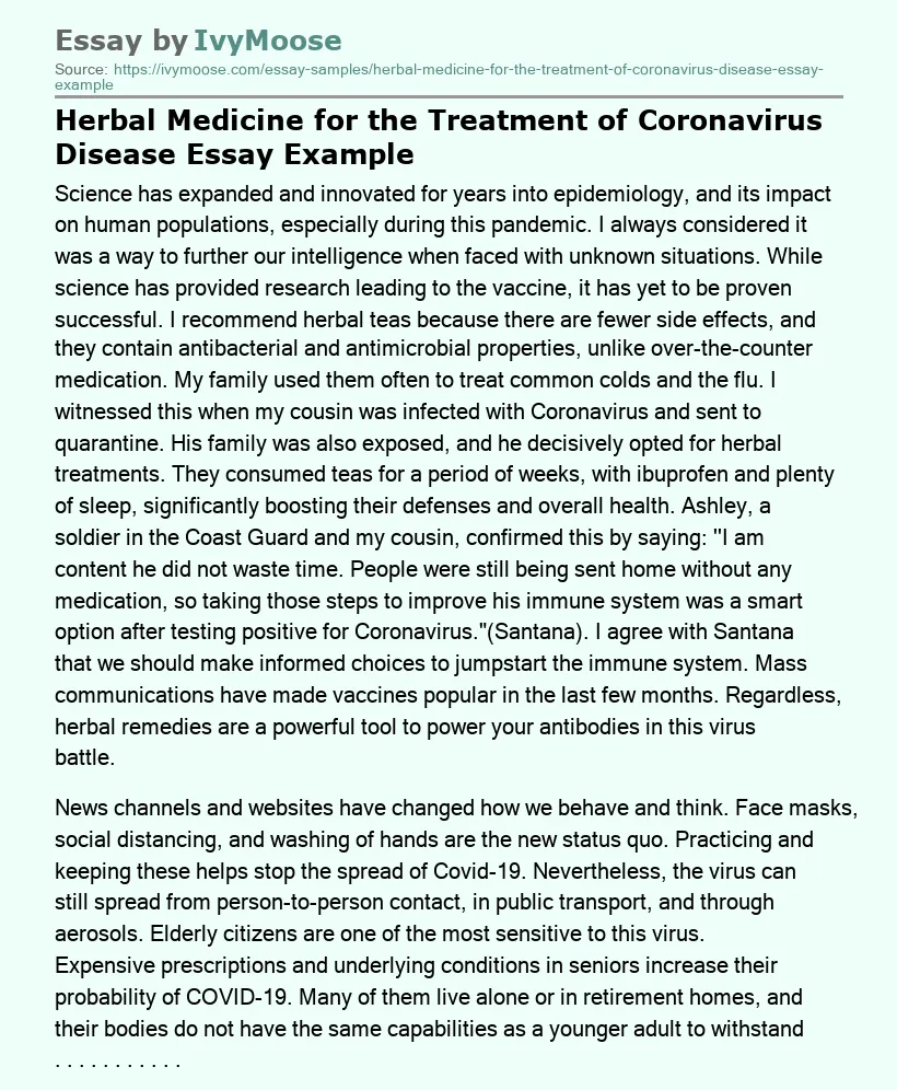 Herbal Medicine for the Treatment of Coronavirus Disease Essay Example