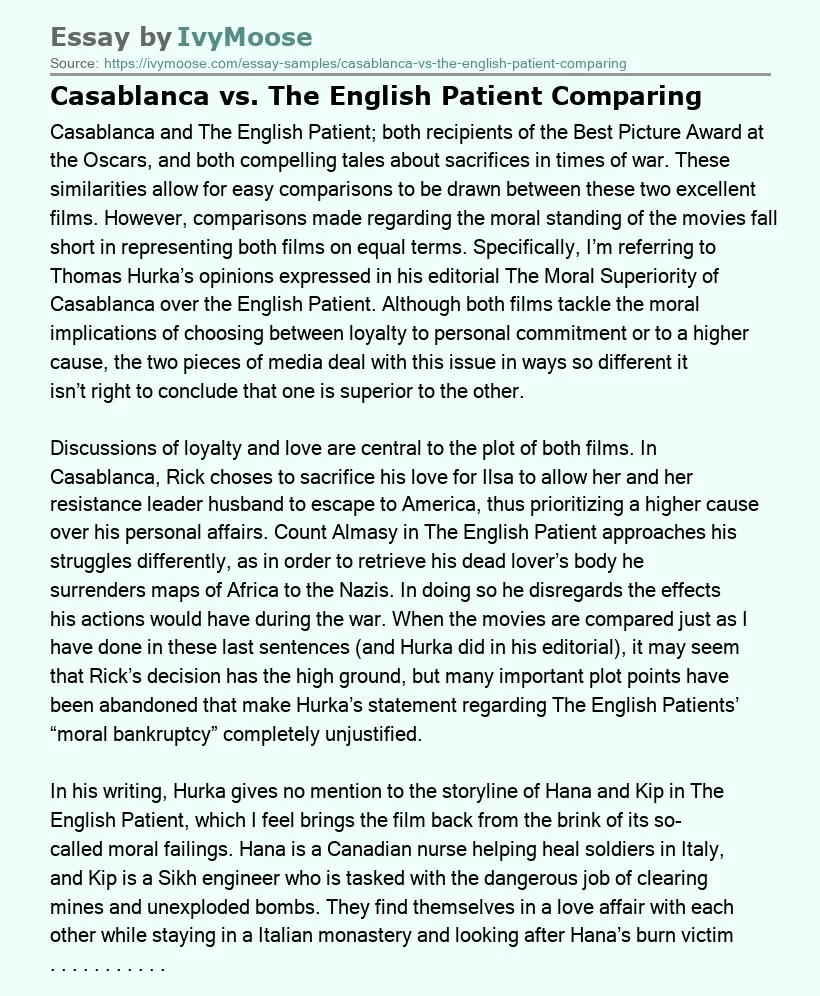 Casablanca vs. The English Patient Comparing