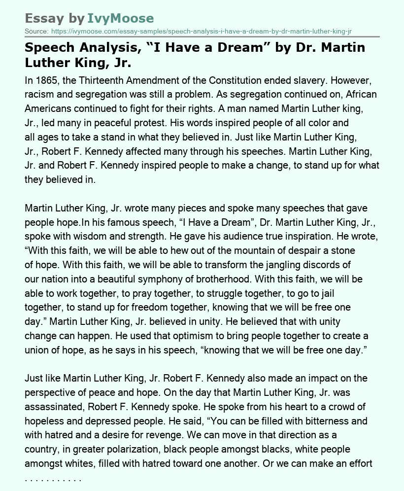 Speech Analysis, “I Have a Dream” by Dr. Martin Luther King, Jr.
