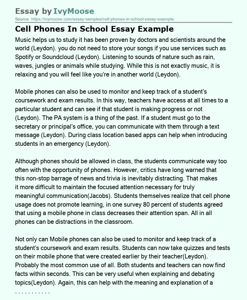 Cell Phones In School Essay Example