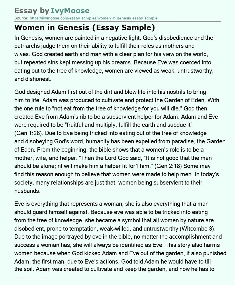 Women in Genesis (Essay Sample)