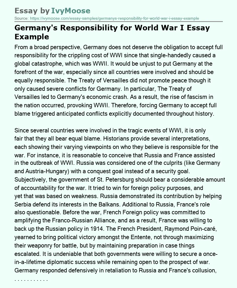 Germany's Responsibility for World War I Essay Example