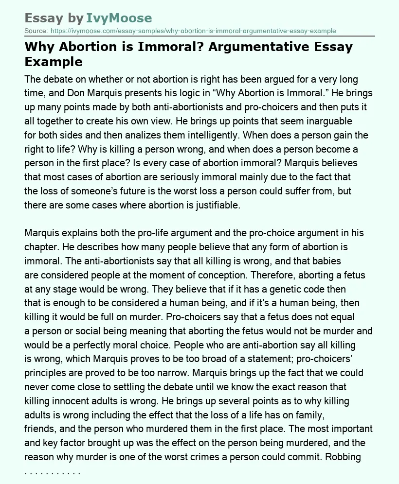 Why Abortion is Immoral? Argumentative Essay Example